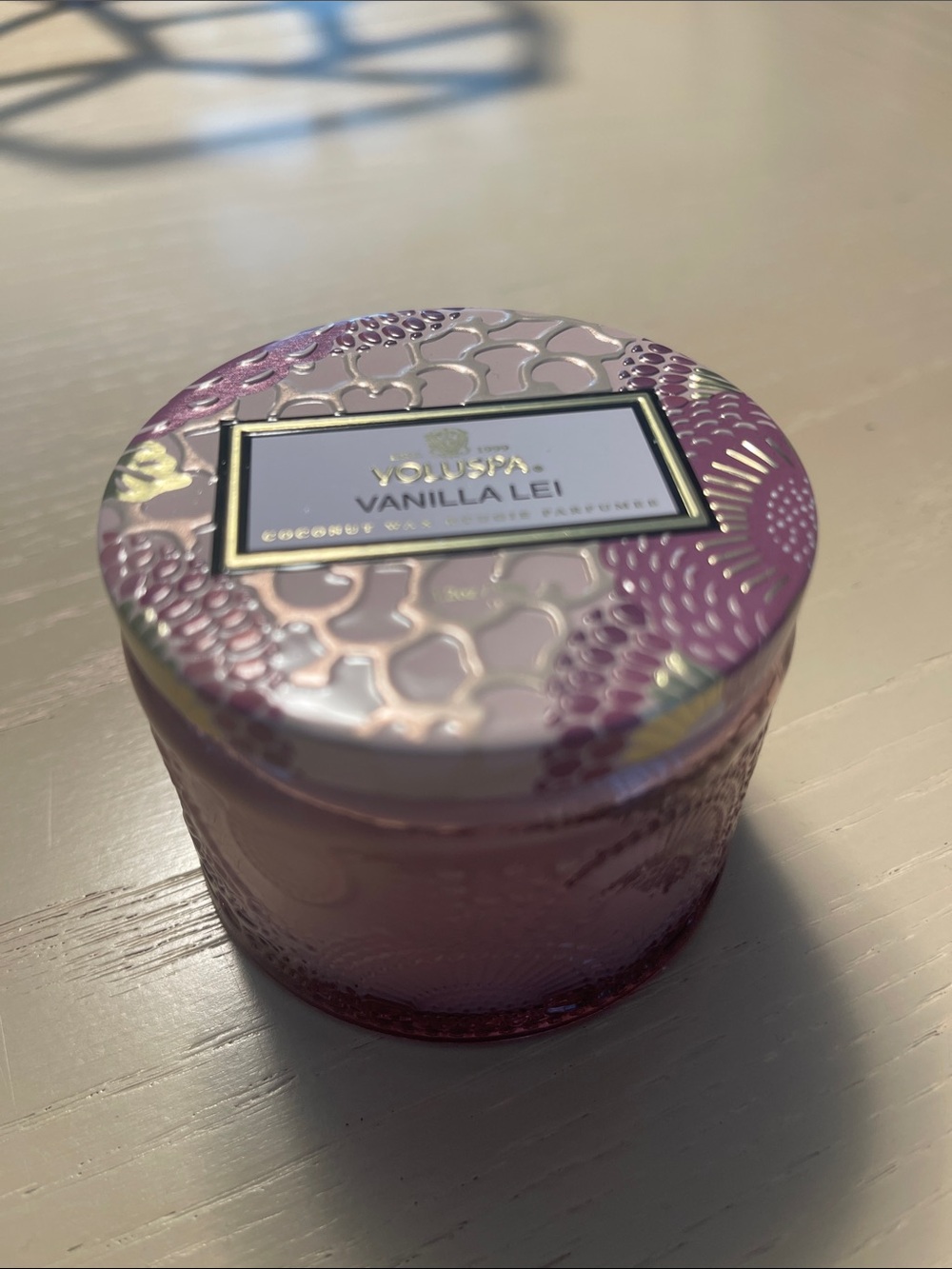 Voluspa Pink & Gold candle Embossed Vanilla Lei Jar